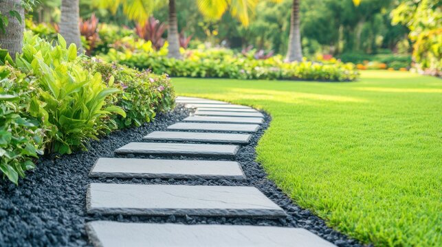 Garden Pathway to Serenity: A winding stone pathway, flanked by lush green grass, vibrant plants, and tropical foliage, invites you on a tranquil journey through a beautifully maintained garden.