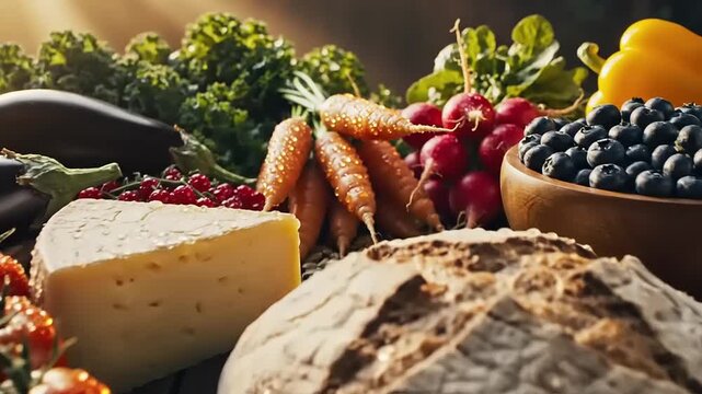 Fresh vegetables and bread assortment on wooden table culinary composition