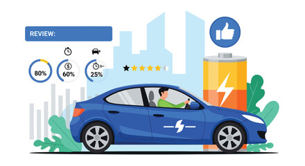 Naklejka premium Illustration of a blue electric car with a driver beside a large battery icon. Review symbols show 80%, 60%, and 25% with one and a half stars. Cityscape background.