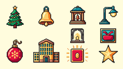 Pixel Art Retro pixel art christmas collection: festive icons and holiday symbols