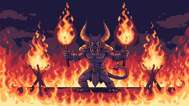 Pixel Art Fiery demon in pixel art style with torches and flames
