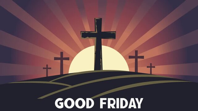 Animated Good Friday Crucifixion Scene with Three Crosses at Sunrise