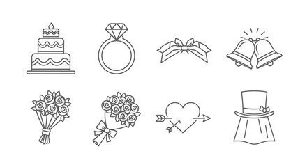Obraz premium Wedding symbols set cake ring bow bells bouquet heart hat vector