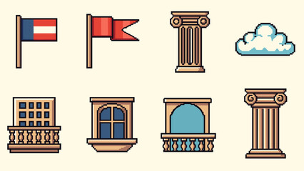Naklejka premium Pixel Art Retro pixel art icons of architectural elements and flags