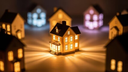 Obraz premium Illuminated Houses Display: A captivating display features miniature houses aglow with warm interior lights. Creating a sense of intimacy and a whimsical atmosphere, showcasing the essence of home.