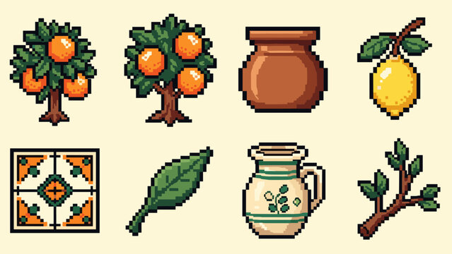 Pixel Art Retro pixel art: citrus trees, pottery, and italian decor elements