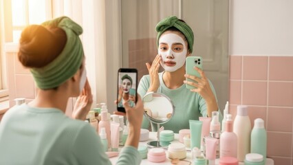 Self-care Routine: Capturing the essence of self-care, a person applies a face mask, using a phone to capture the moment, creating a serene and introspective atmosphere.