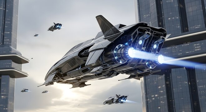 Sleek futuristic spaceship with powerful glowing blue thrusters accelerating rapidly past massive chrome and glass skyscrapers in a metropolitan setting.