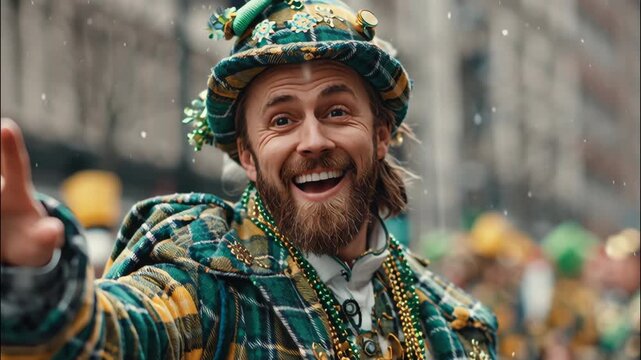 Joyful man celebrating Saint Patrick's Day in festive attire at parade