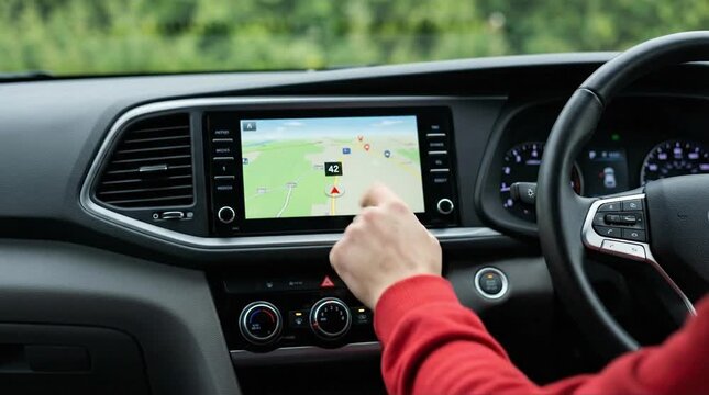 Driver's Hand Using In-Car Touchscreen Navigation System for GPS Mapping and Route Guidance in a Modern Vehicle
