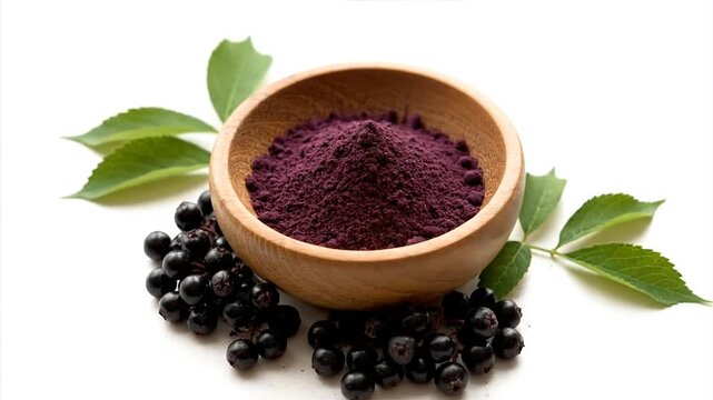 Elderberries in a wooden bowl with leaves on white background