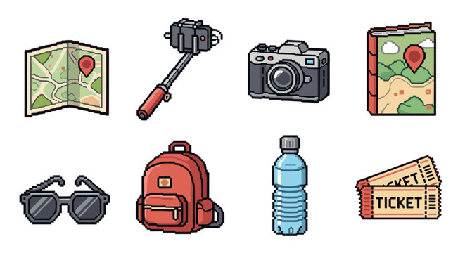 Pixel art travel items: map, camera, backpack, and accessories