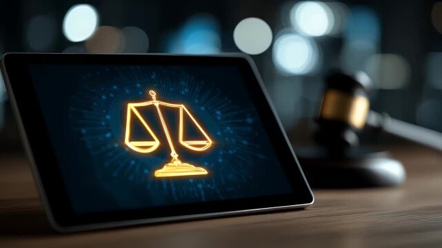 Digital justice scale icon on tablet with gavel