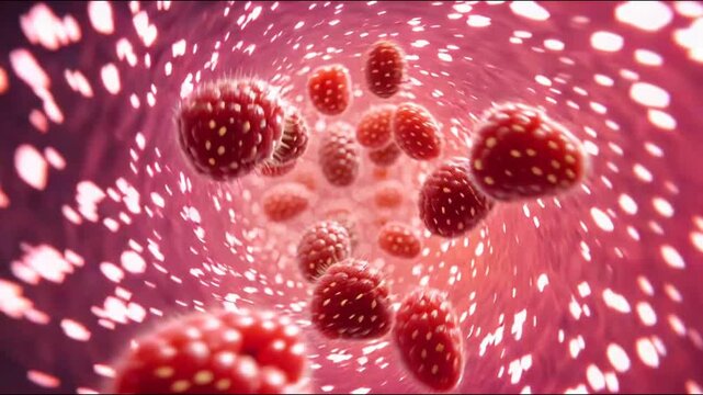 Creative composition of strawberries in swirling water flow forms volumetric depth and glossy juicy abstraction
