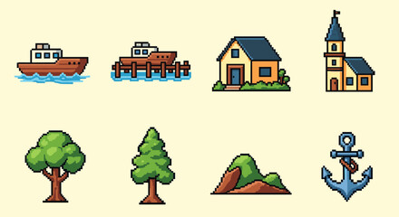 Obraz premium Pixel Art Retro pixel art icons: boats, buildings, nature elements, and anchor