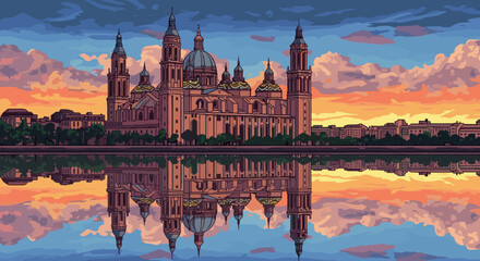 Obraz premium Pixel Art Majestic cathedral reflection at sunset in stunning pixel art style
