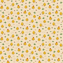 Seamless pattern with cute cartoon chickens, chicks, grass, and worms on a beige background. Playful illustration perfect for kids textiles, nursery decor, wrapping paper, wallpaper and Easter designs