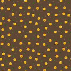 Seamless pattern with funny cartoon chickens, chicks, grass, and worms on a brown background. Whimsical illustration ideal for children&rsquo;s products, fabric, wallpaper, wrapping paper and Easter themes