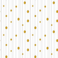Minimalistic seamless pattern with hanging decorative eggs on vertical lines over a white background. Modern design suitable for wallpaper, textiles, stationery, wrapping paper, Easter decor.