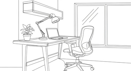 Modern home office desk setup with laptop and chair.