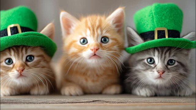 Three playful kittens wearing green leprechaun hats for St. Patrick's Day  