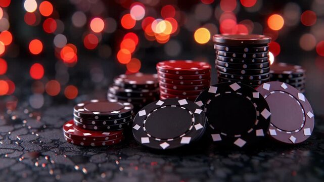 Casino interior background with red and black gambling chips stacked and scattered on a dark surface with vibrant bokeh lights