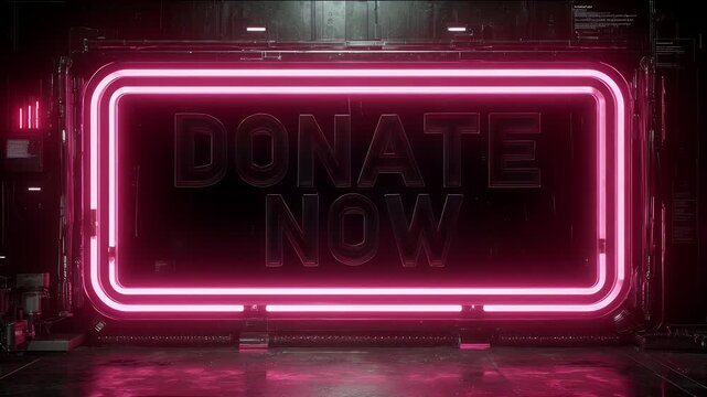 Bright neon DONATE NOW sign in futuristic room