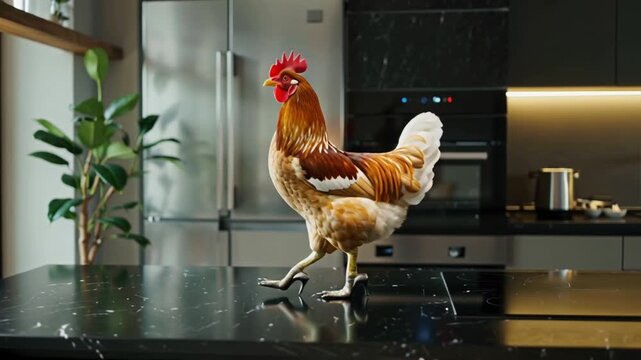 High-end cinematic 4K video conceptual surreal A hen wearing sleek metallic high-heel stilettos walks slowly confidently along polished black kitchen island, commanding space. Minimalist modern