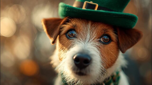 Dog wearing a green St. Patrick's Day hat with a playful expression  