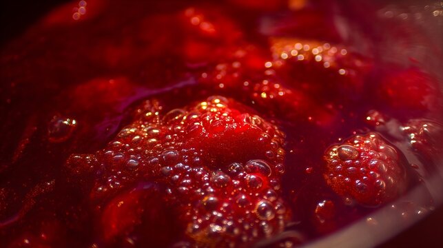 Industrial jam cooking kettle with bubbling fruit mixture