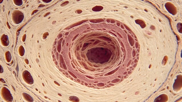 Microscopic view of compact bone tissue, focusing on a single osteon (Haversian system), showing concentric lamellae rings around a central canal and tiny branching canaliculi, high-contrast scientifi