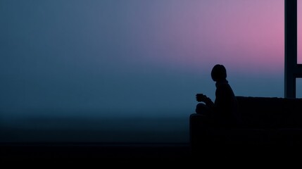 A person sits with a cup, silhouetted against a vibrant twilight sky through a window, evoking calm and reflection.