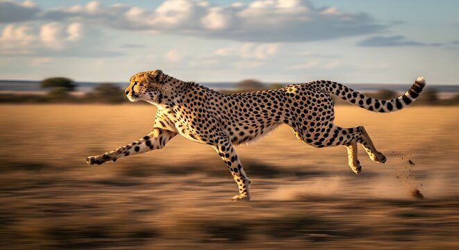 Majestic spotted cheetah sprints across the dry savanna landscape at incredible high speed during golden hour light