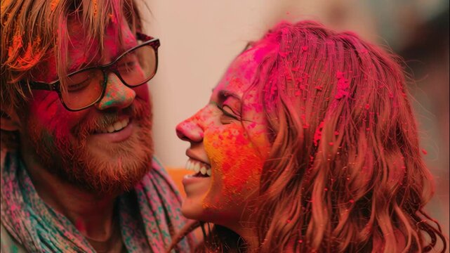 Young couple smiling and celebrating at Holi festival with colors  