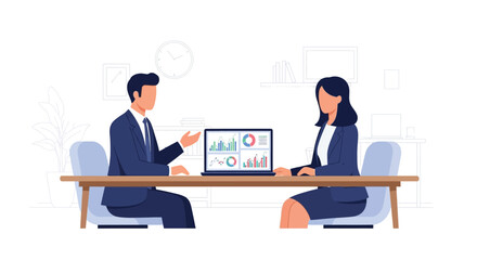 Business meeting with a man and woman discussing data on a laptop