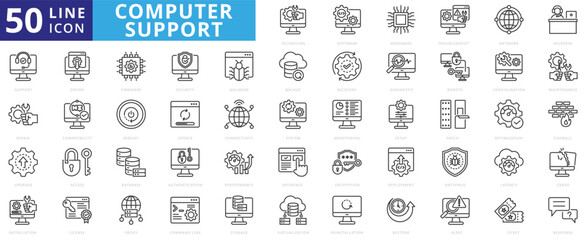 computer support icon pack outline contains technician, software, hardware, troubleshoot, network, helpdesk, repair, upgrade, installation, maintenance, recovery, backup, security, setup, antivirus
