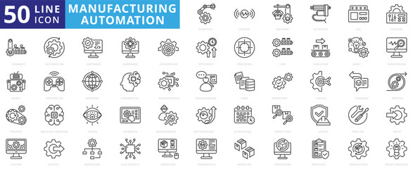 manufacturing and automation icon pack outline contains robotics, circuit, line, process, mechatronics, machine learning, plc, workflow, operation, production, optimization, maintenance, efficiency © Iconjam