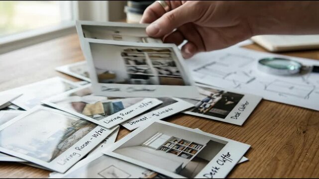 Human hand holding vdo centered wooden table clutter design with scattered pictures sketches and coffee cup creating warm creative atmosphere desk