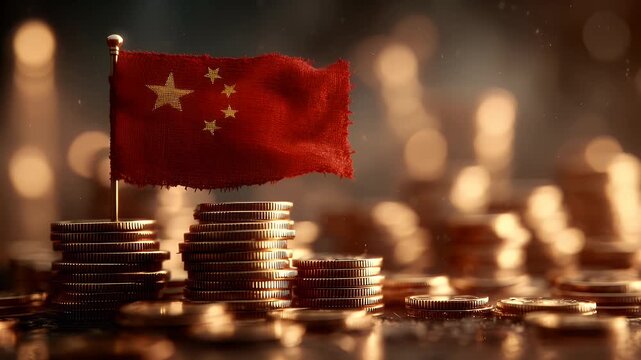 Chinese flag on stacks of golden coins