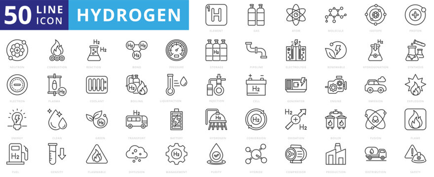 hydrogen icon pack outline contains proton, element, gas, atom, molecule, isotope, neutron, electron, energy, fuel, combustion, reaction, boiling, industry, energy, green, renewable, sustainable