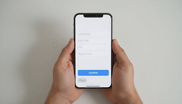 Person's hands holding a smartphone displaying a payment form for entering credit card number, expiry date, cvv, and name for completing an online purchase on a white background