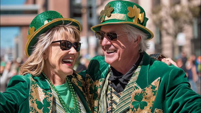 Elderly couple celebrating St. Patrick's Day in festive green outfits at parade 