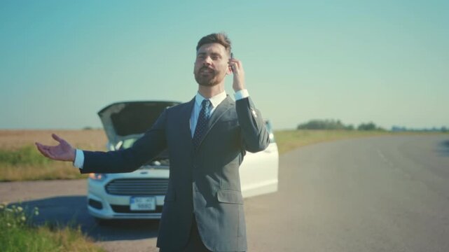 Disappointed boss seeks help beside peaceful fields, Urgent calls made by stranded driver near golden fields