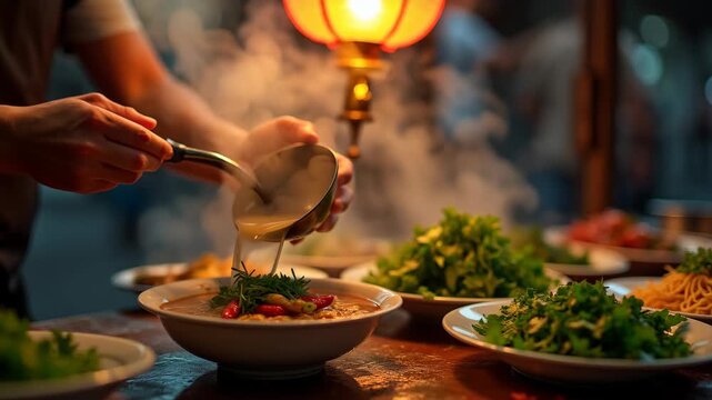Vietnamese street vendor preparing pho in steaming motion, ladle pouring hot broth, fresh herbs being chopped, warm lantern glow overhead, vibrant green cilantro and red chilies
