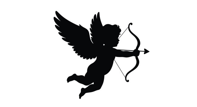 A black silhouette of cupid with a bow and arrow flying silhouette