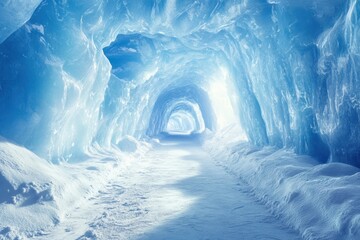 Naklejka premium Ice tunnel with glowing blue walls and snowy ground in a winter landscape