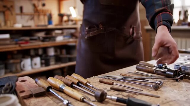 Woodworker tools assortment on the table at workshop with artisan background