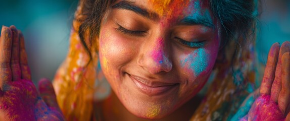 Obraz premium Young indian woman celebrating Holi with colorful powder on her face 