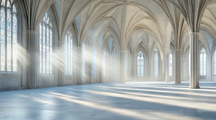 Naklejka premium Majestic Hall: The interior of a grand, cathedral-like hall, bathed in the soft glow of sunlight streaming through tall, arched windows, creating a serene and awe-inspiring atmosphere.