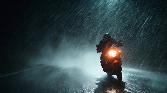 A motorcycle is on a wet road
